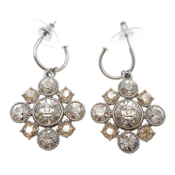 Chanel Dangle Pierced Earrings Rhinestone Silver - Picture 1 of 4
